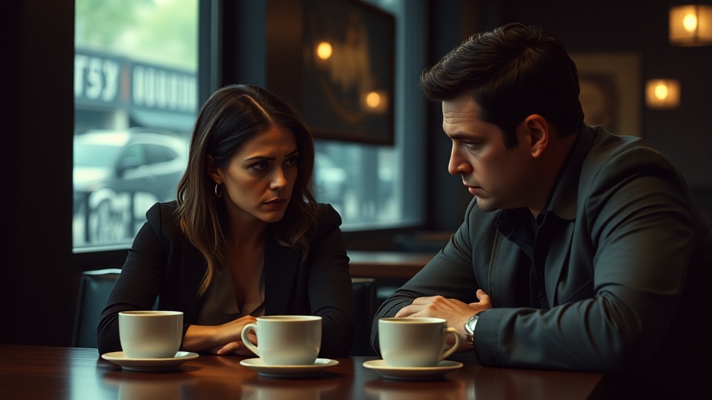 Tense confrontation across cafe table