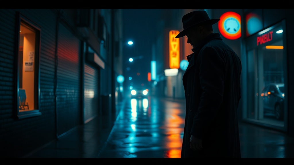 Noir detective in rain-soaked alley