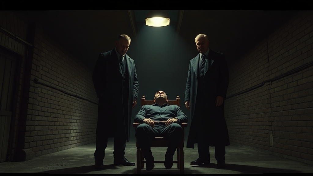 Two men walking down foggy London street